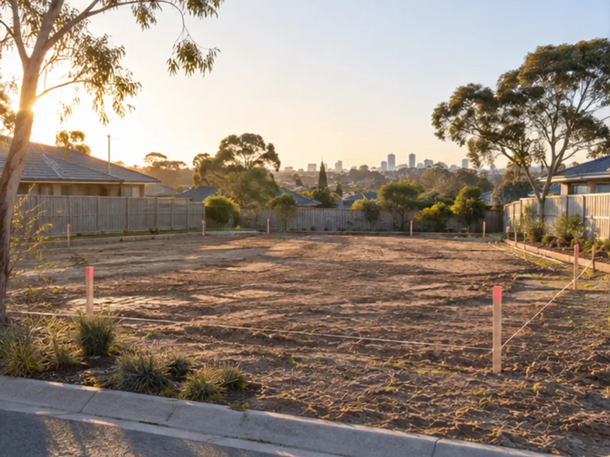 Vacant Adelaide residential allotment marked with survey pegs and set-out lines
