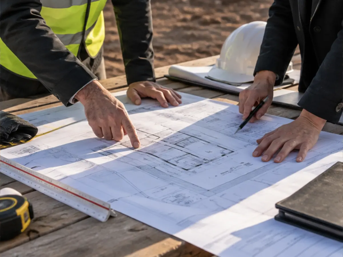 Builder and designer reviewing residential plans at a construction site