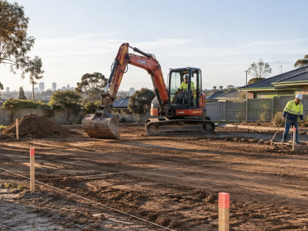 Excavator preparing a residential building site with set-out lines in place
