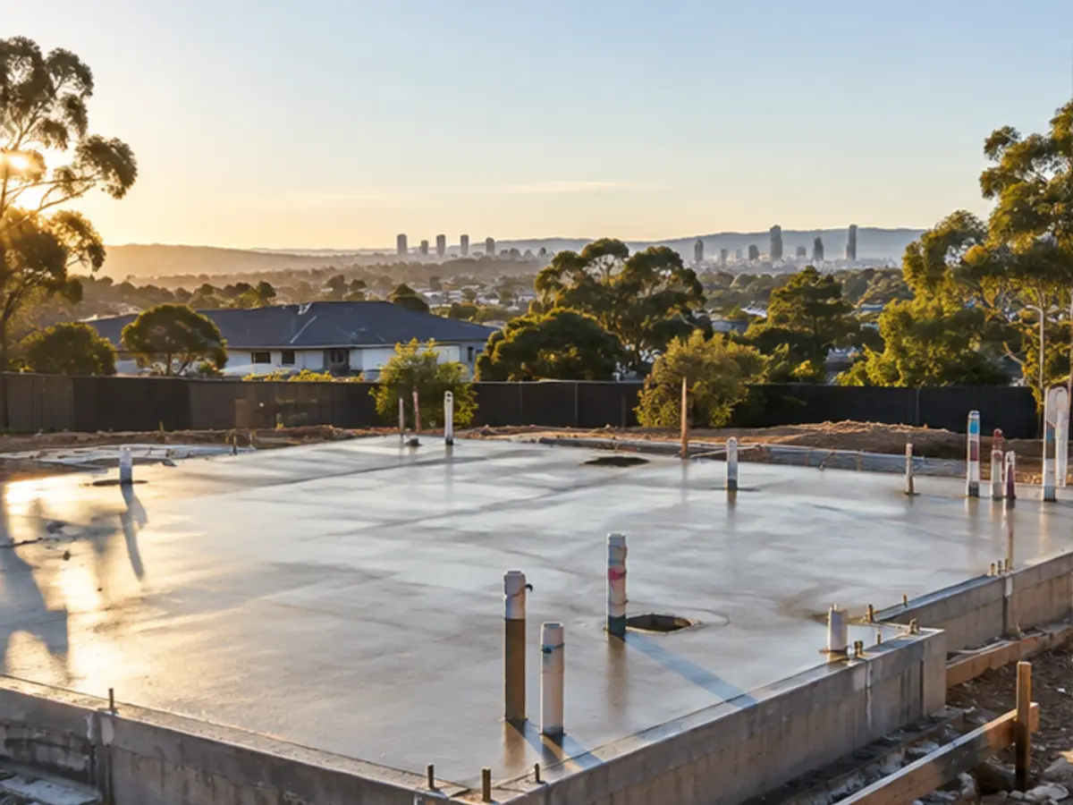 Freshly poured residential concrete slab with service penetrations