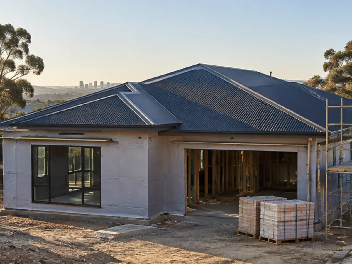Contemporary home with metal roofing, wall wrap and windows being installed