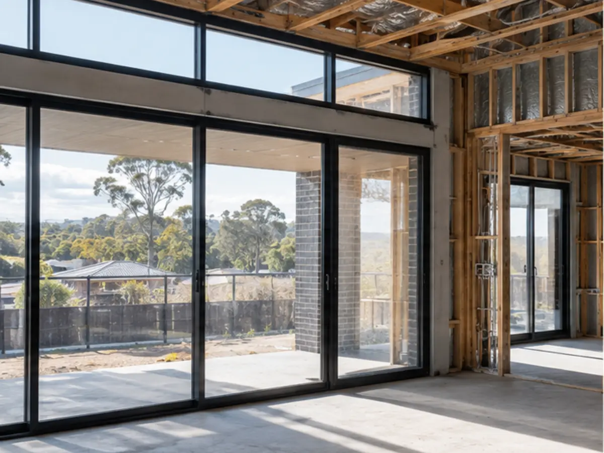 Residential home at lock-up stage with black-framed glazing installed