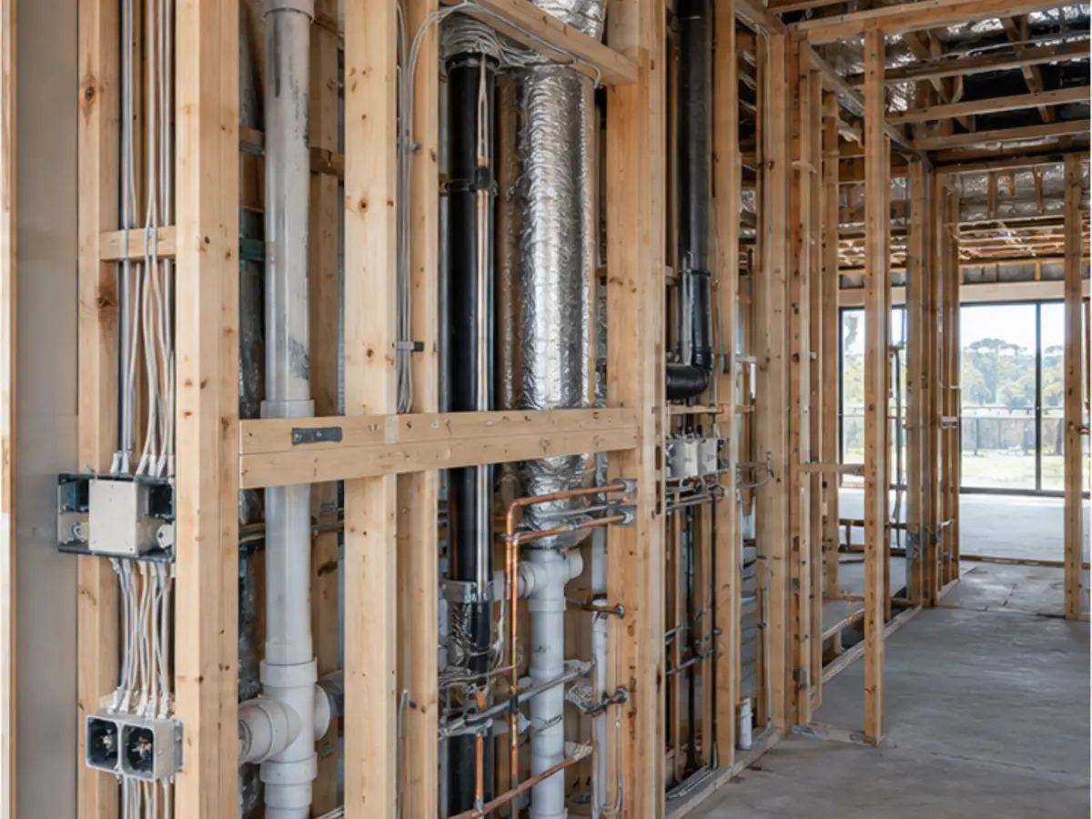 Electrical, plumbing and ventilation services coordinated within timber framing