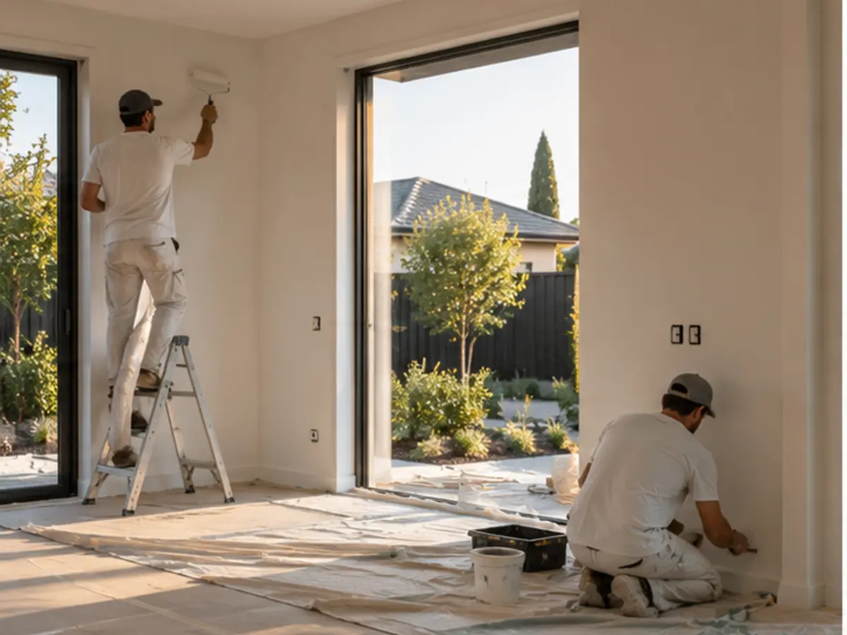 Painters completing the final interior finishes of a contemporary home
