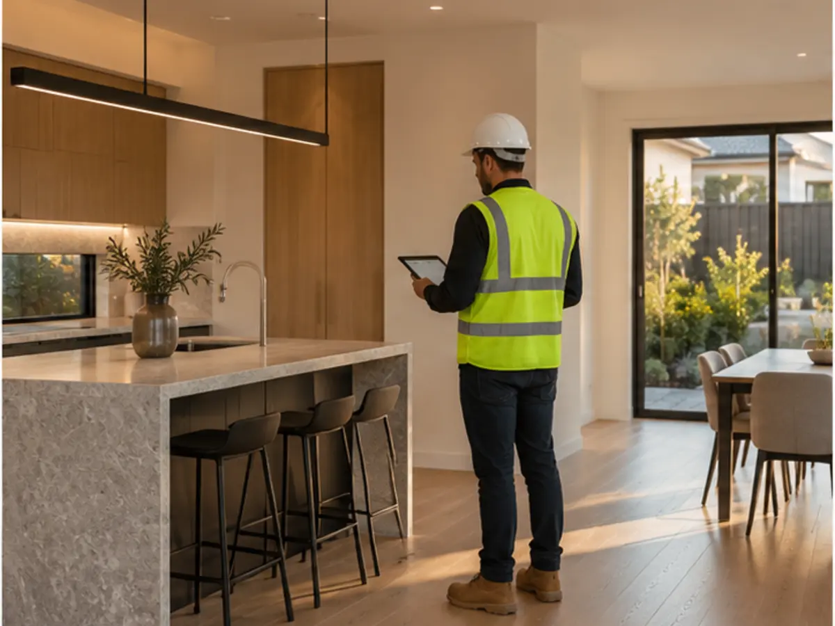 Building professional carrying out a final quality inspection in a completed kitchen