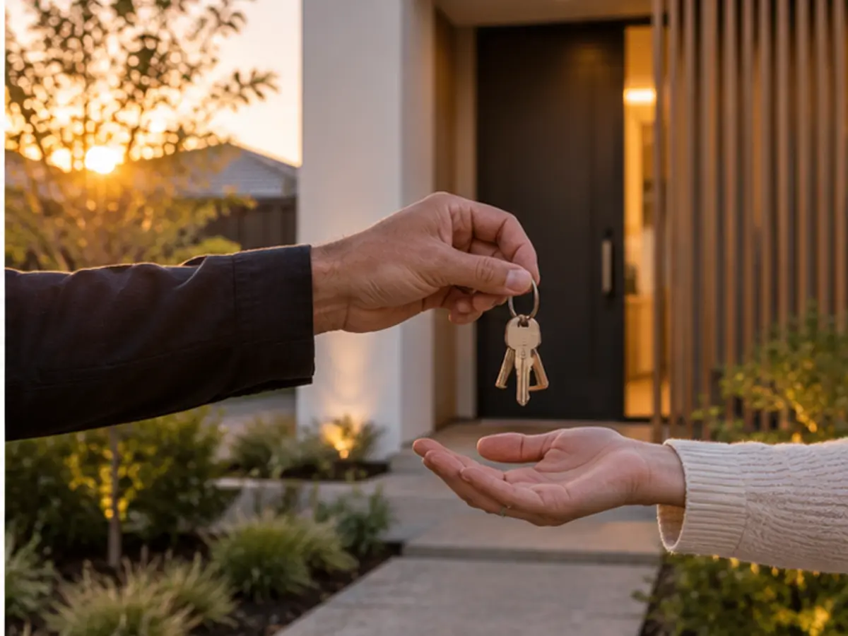House keys being handed over outside a completed contemporary Adelaide home
